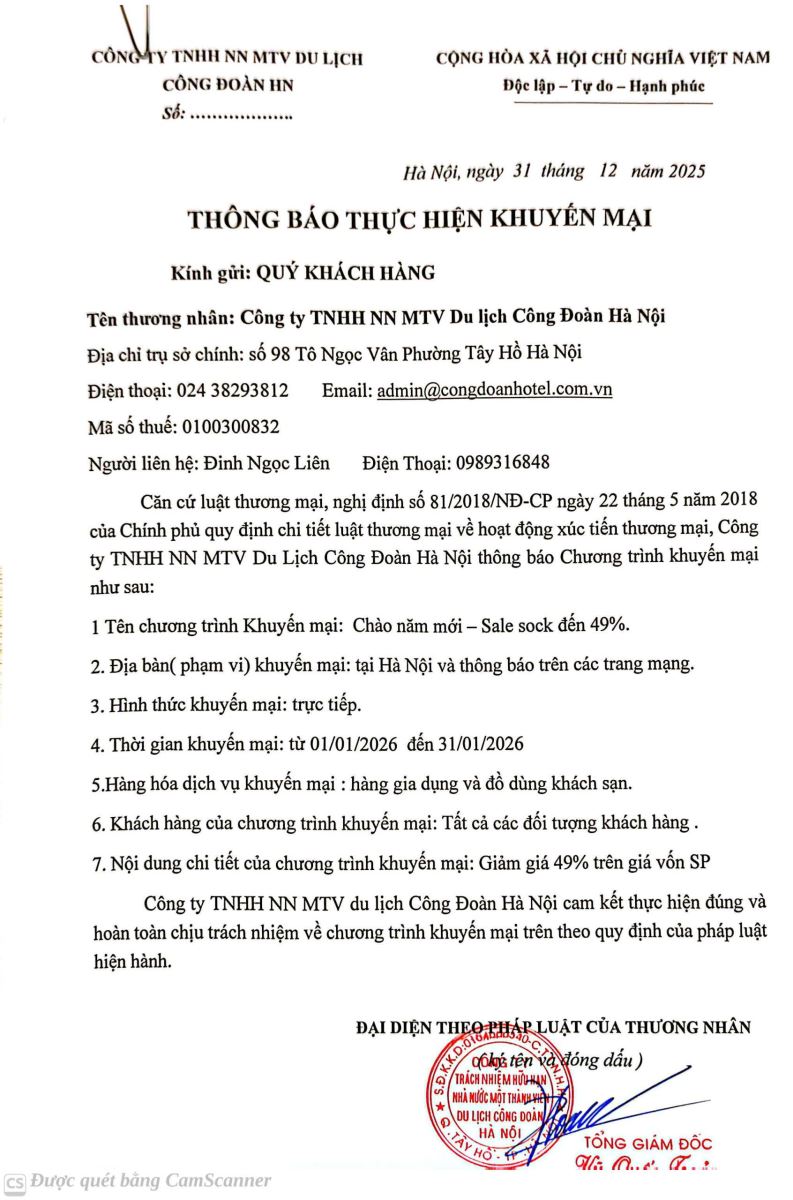 Thông báo Bán hàng khuyến mại